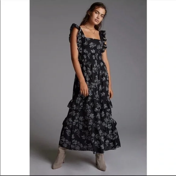 Anthropologie Especia Navy White Floral Embroidered Ruffle Maxi Dress Medium NWT - Picture 10 of 12